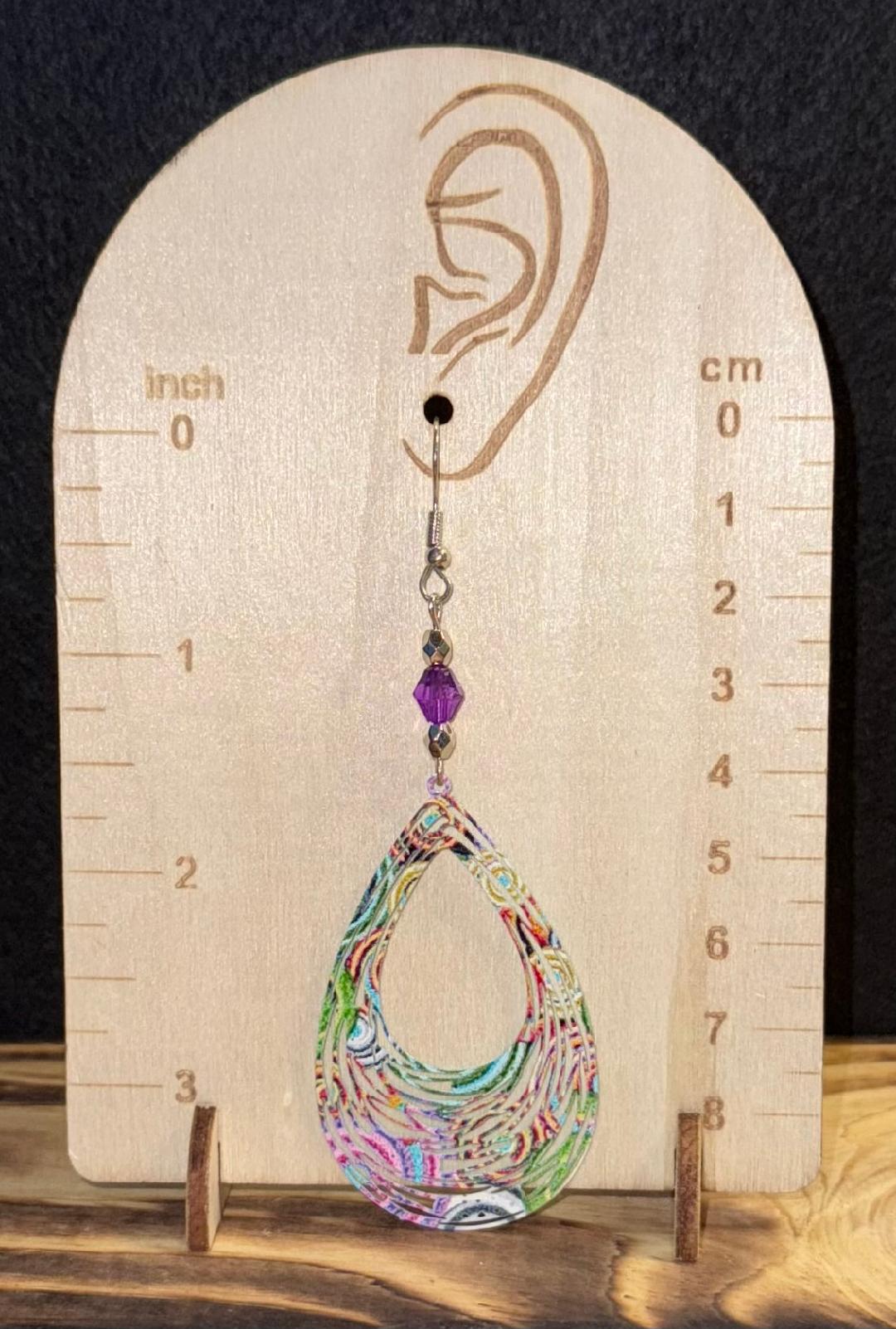 NEW Colorful Boho Hollow Cut Metal Teardrop & Faceted Purple Bead Earrings