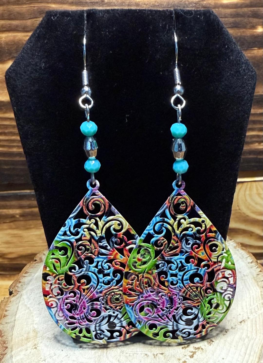 NEW Colorful Boho Hollow Cut Metal Teardrop & Turquoise Green Bead Earrings