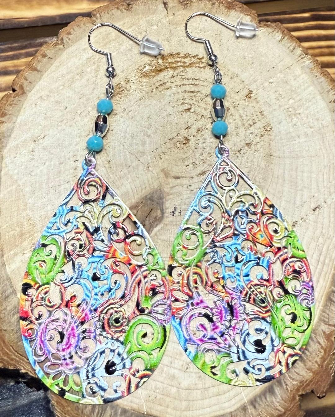 NEW Colorful Boho Hollow Cut Metal Teardrop & Turquoise Green Bead Earrings