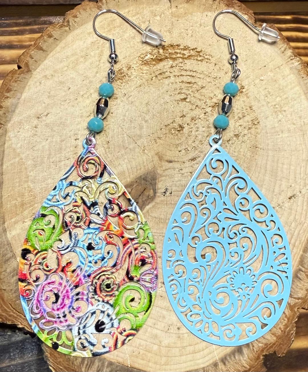 NEW Colorful Boho Hollow Cut Metal Teardrop & Turquoise Green Bead Earrings