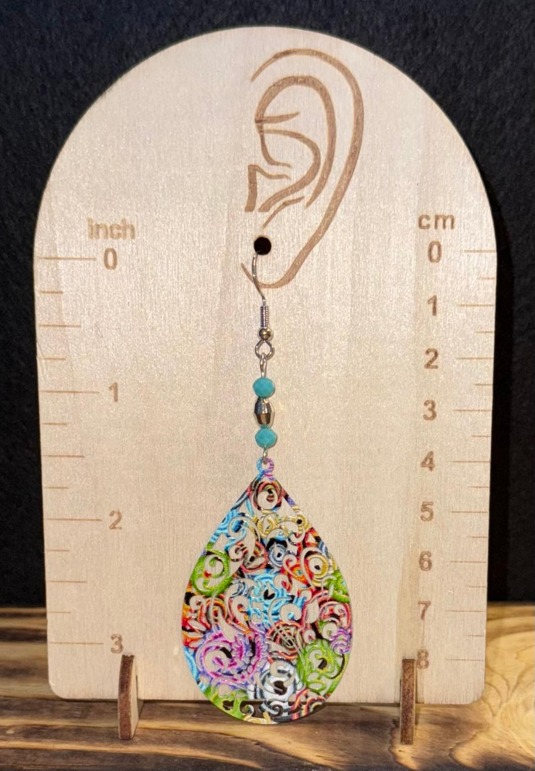 NEW Colorful Boho Hollow Cut Metal Teardrop & Turquoise Green Bead Earrings