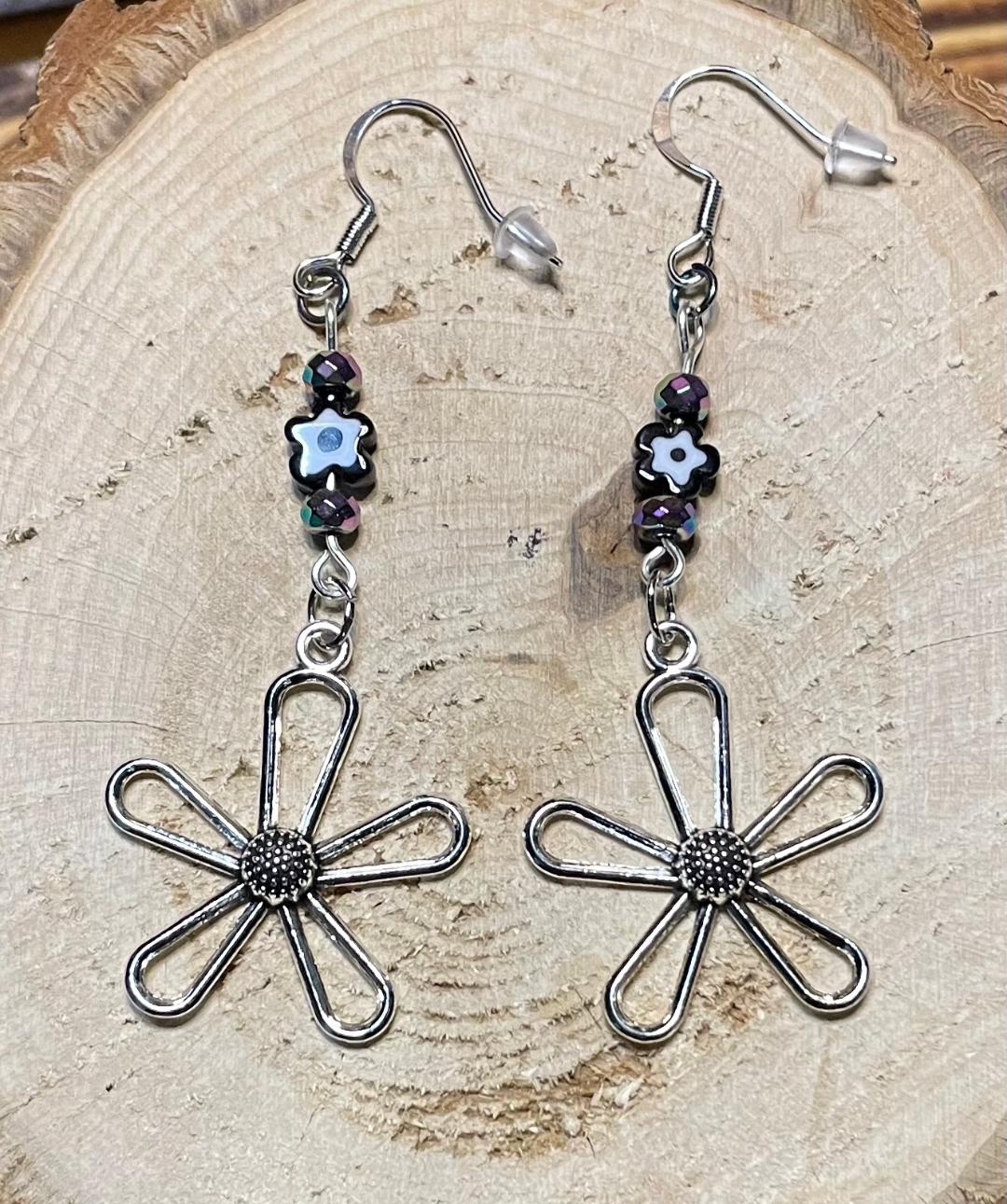 NEW Hollow Silver Tone Flower & Millefiori Glass Bead Earrings