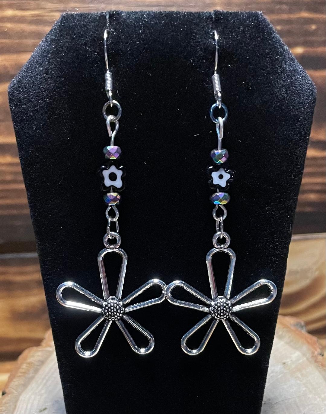 NEW Hollow Silver Tone Flower & Millefiori Glass Bead Earrings