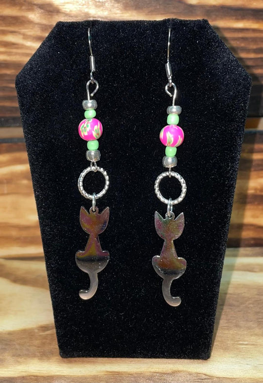 NEW Mirrored Stainless Steel Cat Kitty & Beaded Cat Dangle Drop Earrings