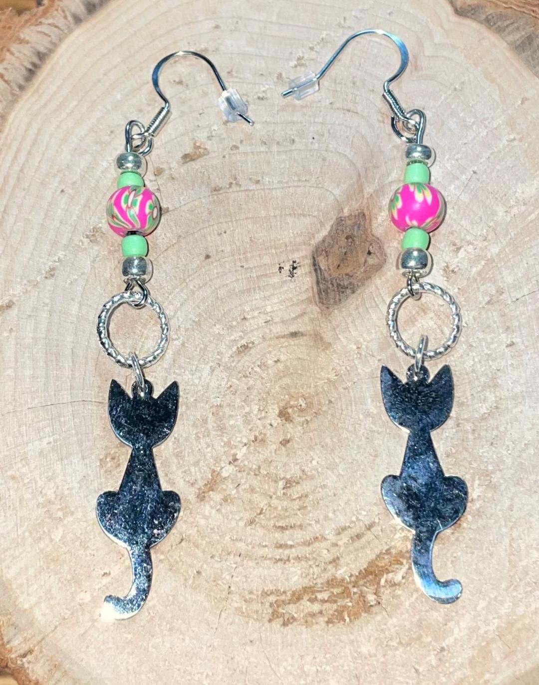 NEW Mirrored Stainless Steel Cat Kitty & Beaded Cat Dangle Drop Earrings