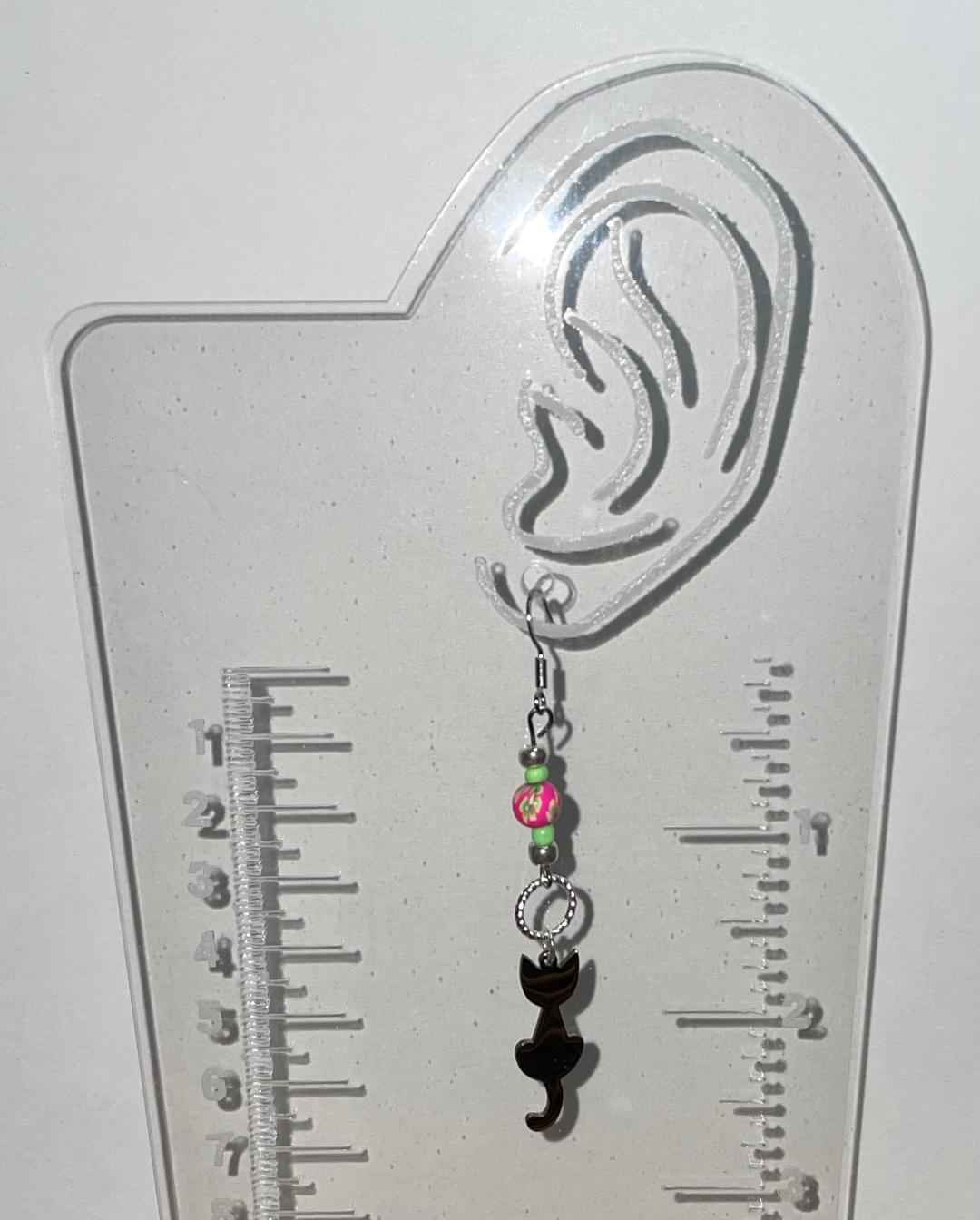 NEW Mirrored Stainless Steel Cat Kitty & Beaded Cat Dangle Drop Earrings