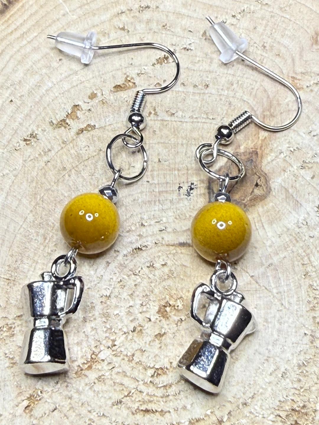 NEW Mini Moka Pot Charm Earrings w/ Tiger's Eye Glass Beads