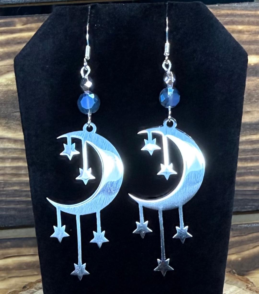 NEW Celestial Moon & Falling Stars Stainless Steel Earrings w/ Blue Beads