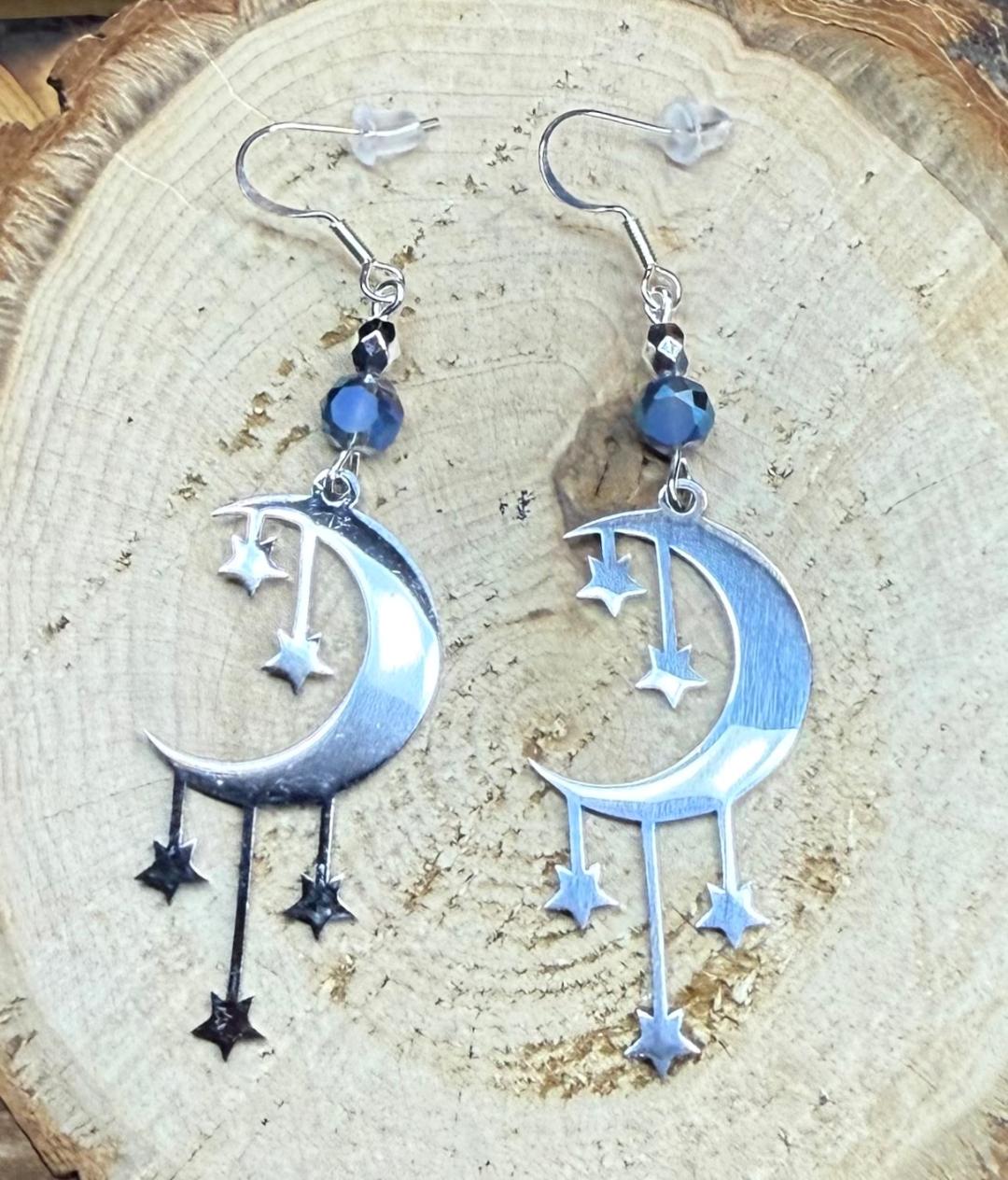 NEW Celestial Moon & Falling Stars Stainless Steel Earrings w/ Blue Beads