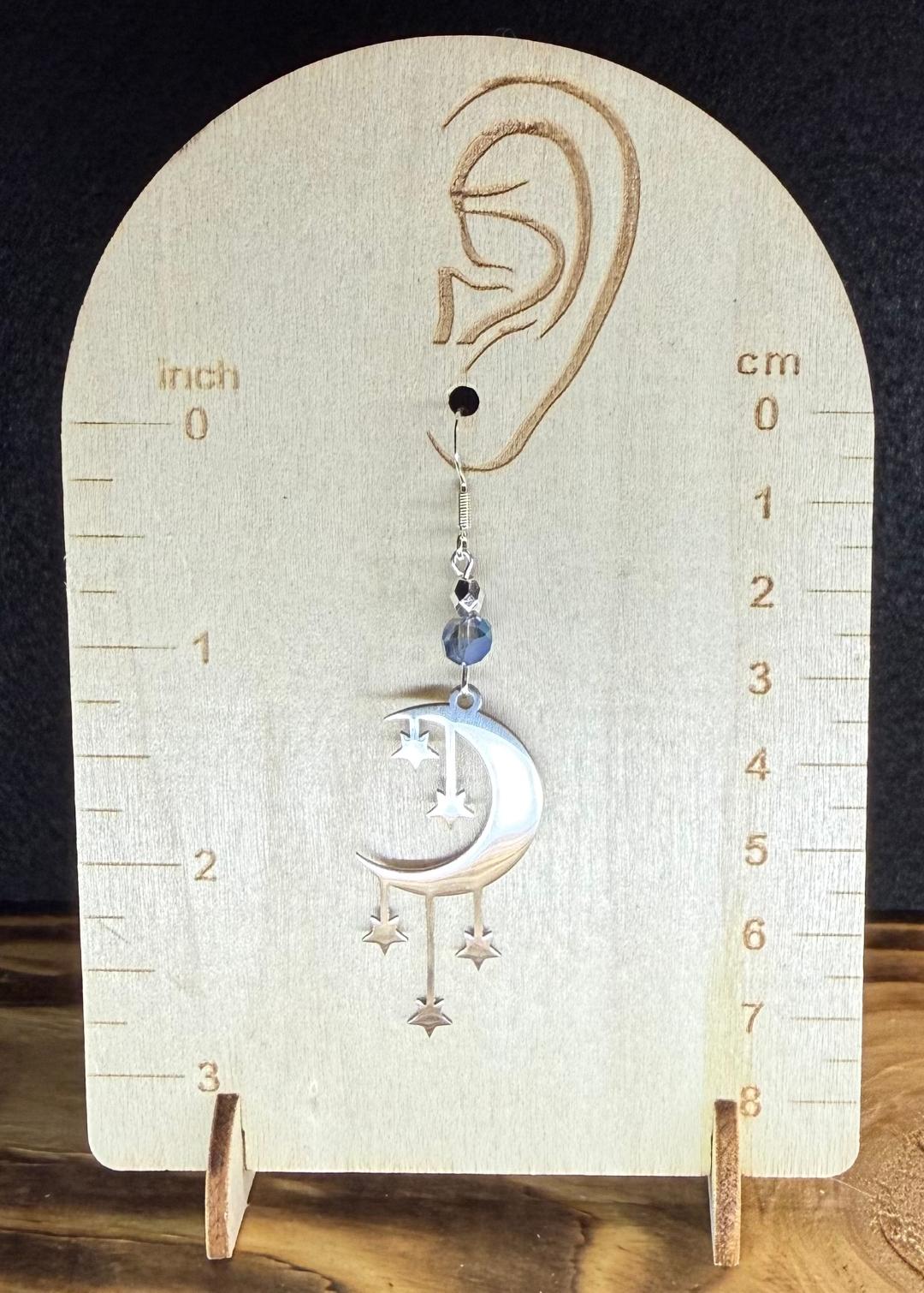 NEW Celestial Moon & Falling Stars Stainless Steel Earrings w/ Blue Beads