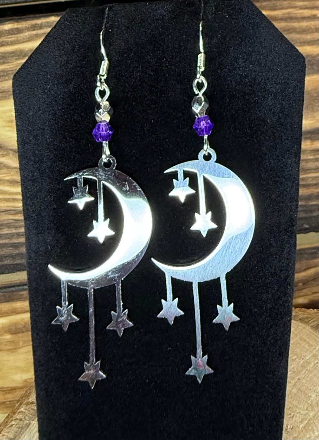 NEW Celestial Moon & Falling Stars Stainless Steel Earrings w/ Purple Beads