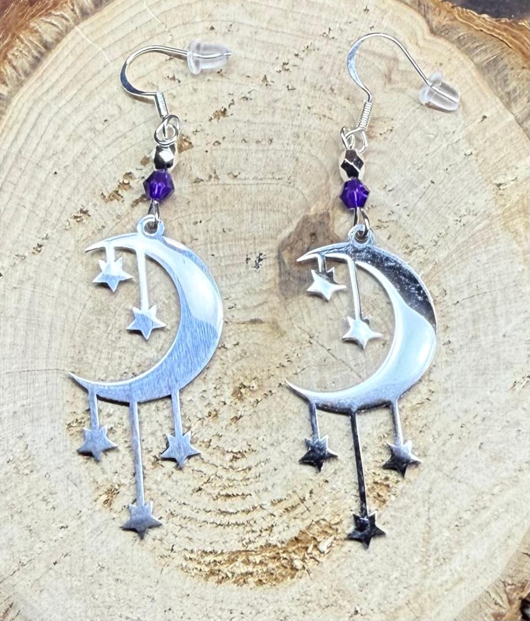 NEW Celestial Moon & Falling Stars Stainless Steel Earrings w/ Purple Beads