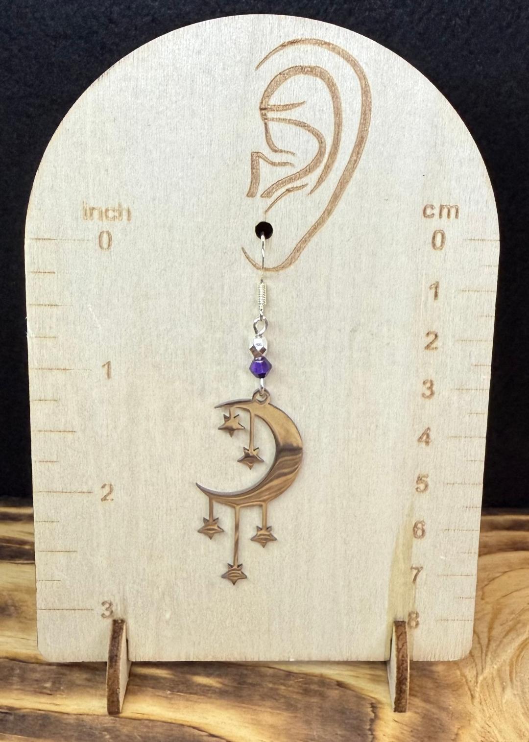 NEW Celestial Moon & Falling Stars Stainless Steel Earrings w/ Purple Beads
