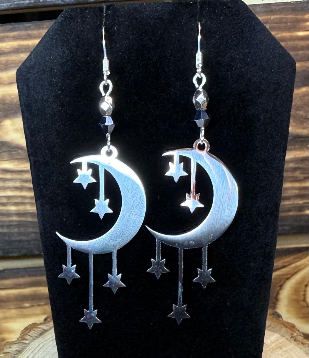 NEW Celestial Moon & Falling Stars Stainless Steel Earrings w/ Silver Grey Beads