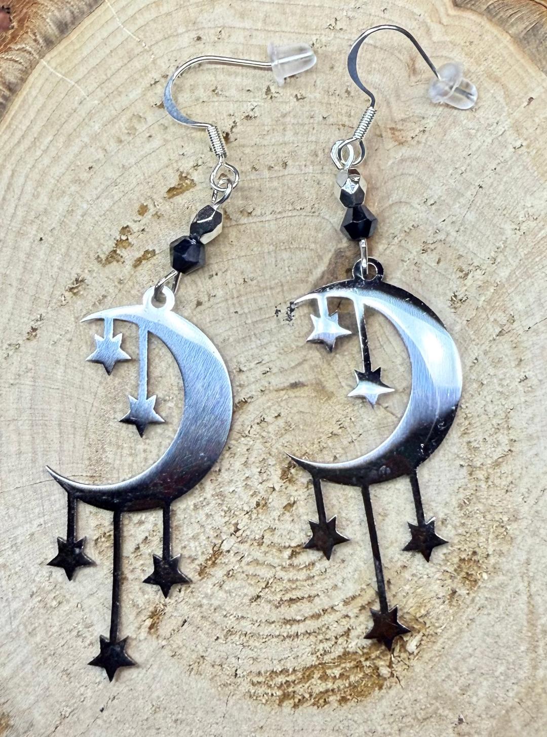 NEW Celestial Moon & Falling Stars Stainless Steel Earrings w/ Silver Grey Beads