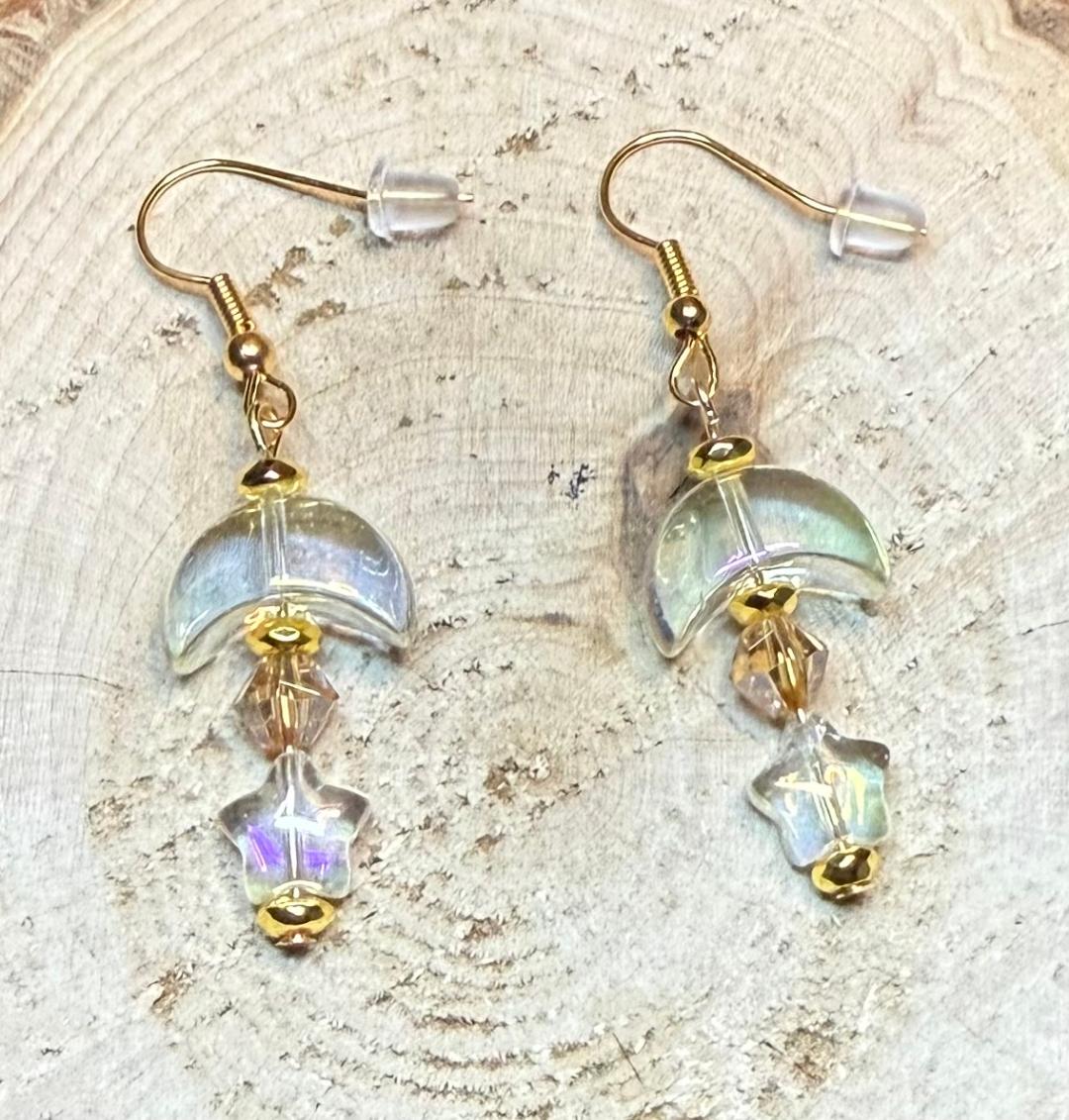 NEW Iridescent Glass Moon & Stars Earrings w/ Faceted Bead Center