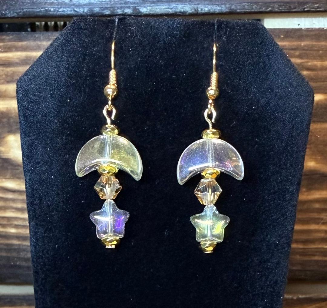 NEW Iridescent Glass Moon & Stars Earrings w/ Faceted Bead Center