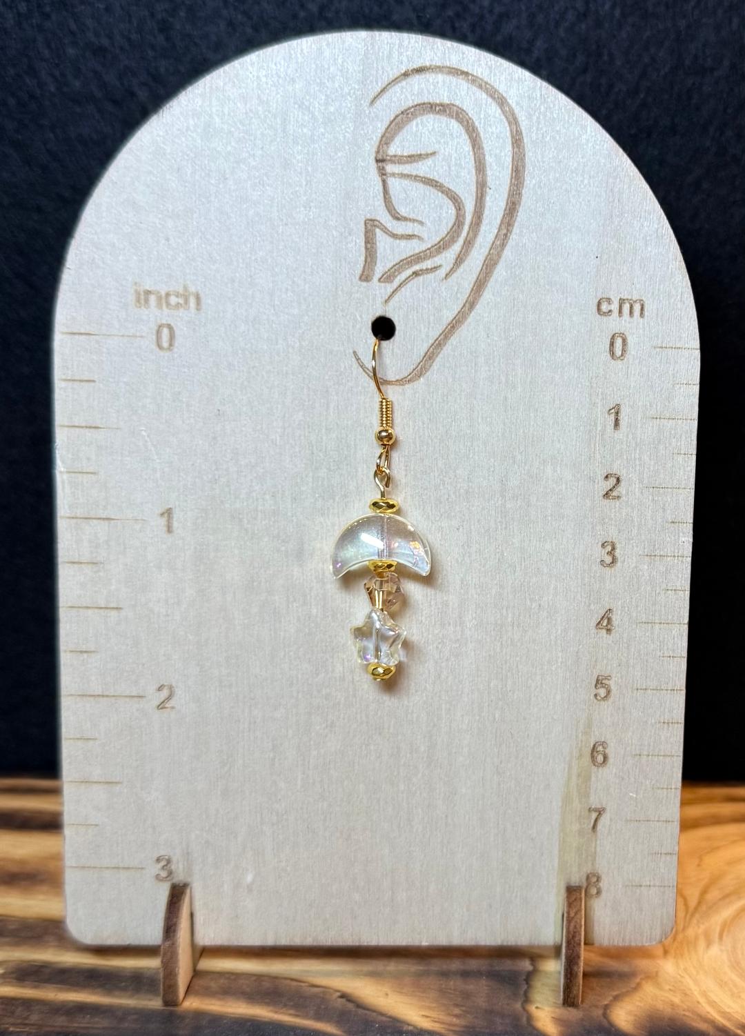 NEW Iridescent Glass Moon & Stars Earrings w/ Faceted Bead Center