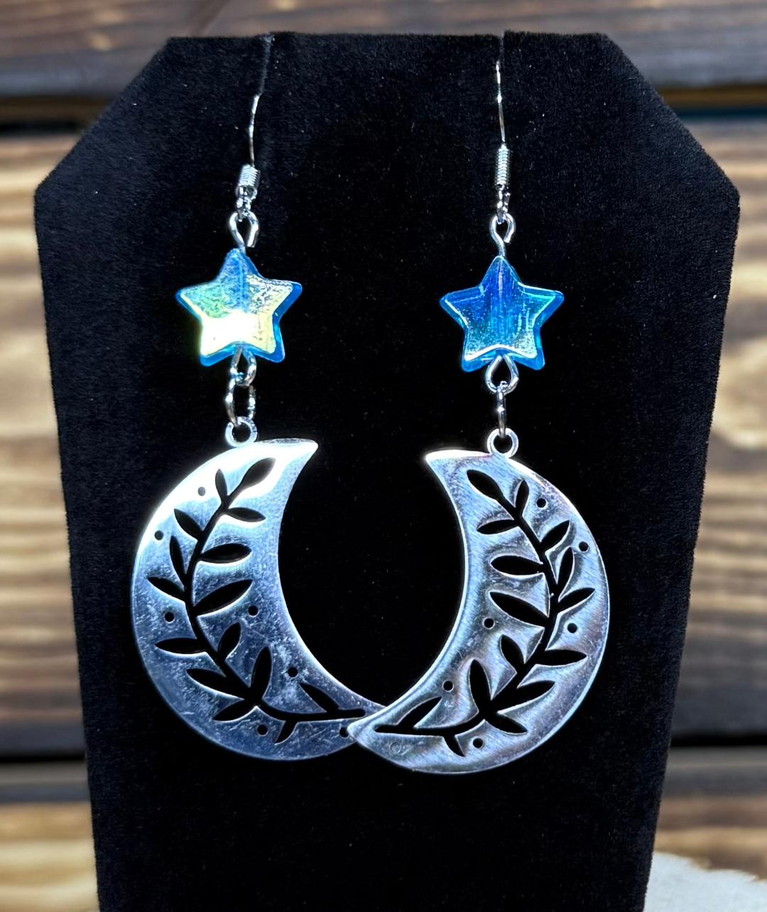 NEW Stainless Steel Crescent Moon Earrings w/ Iridescent Blue Star