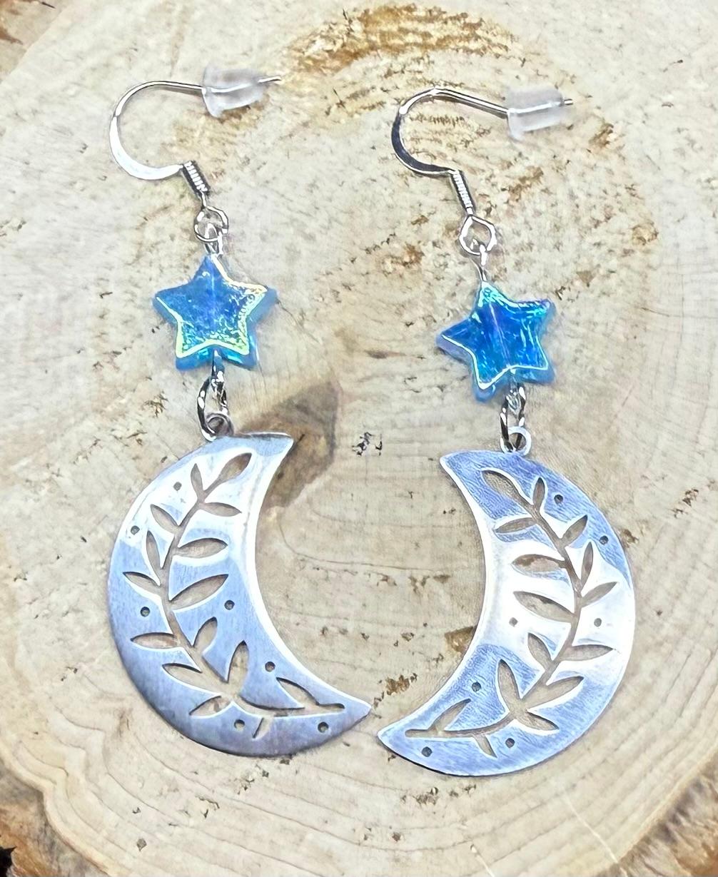NEW Stainless Steel Crescent Moon Earrings w/ Iridescent Blue Star