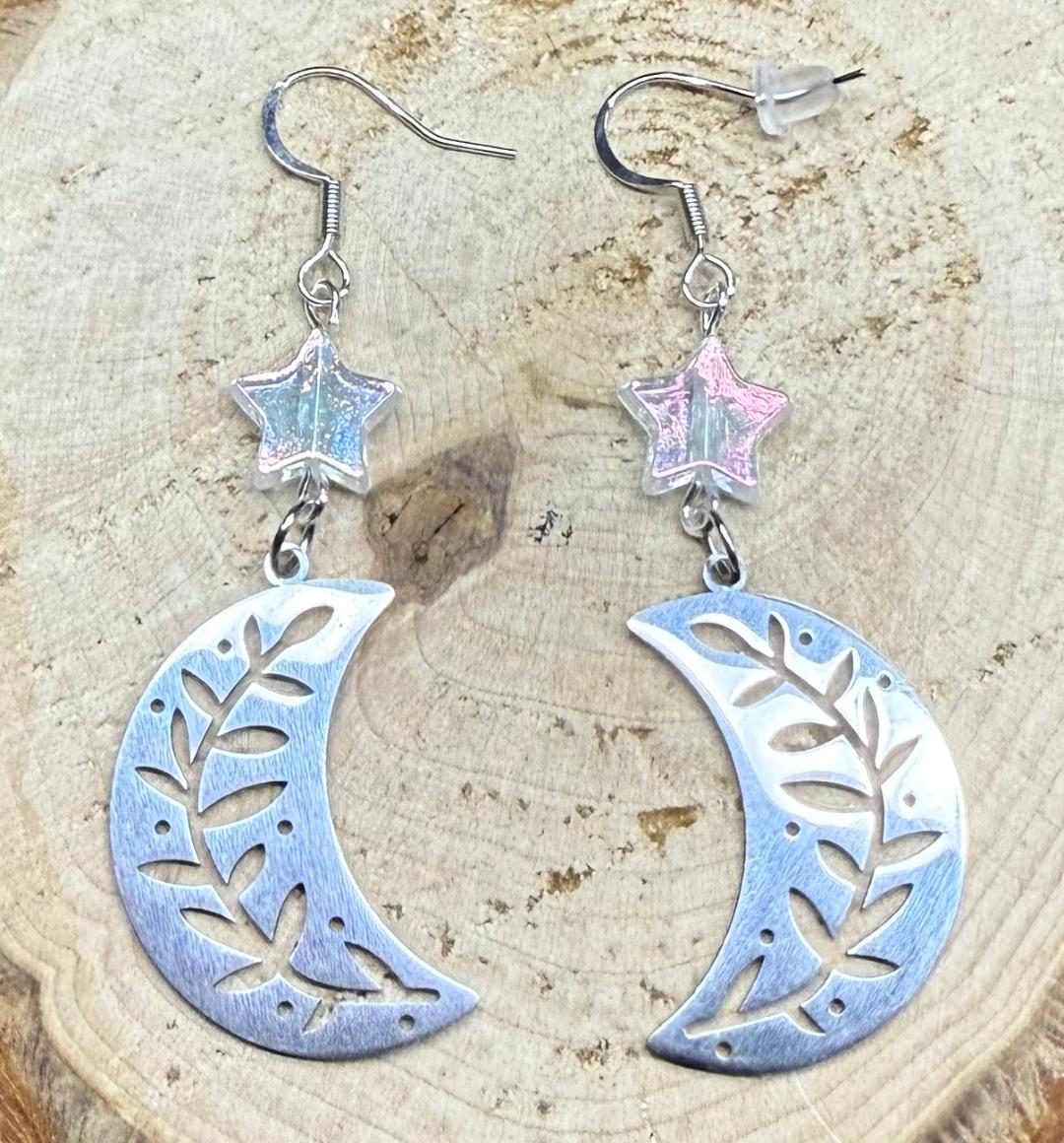 NEW Stainless Steel Crescent Moon Earrings w/ Iridescent Star
