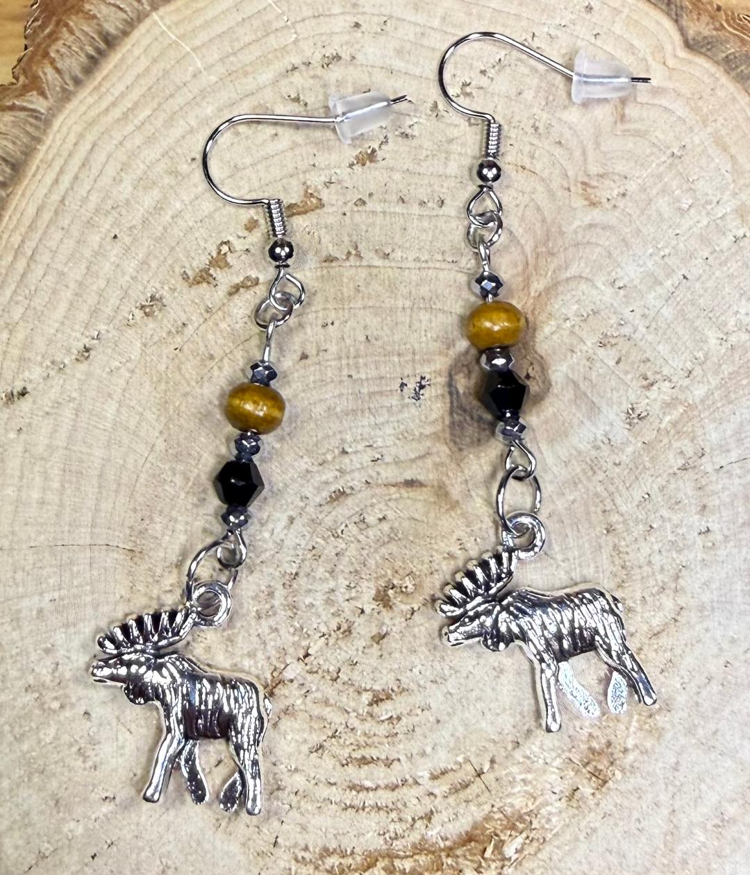 NEW Elk or Moose Charm Earrings w/ Brown & Black Beads