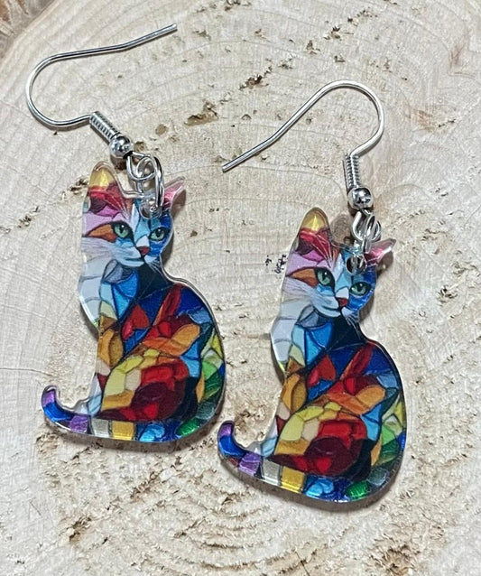NEW Acrylic Colorful Stained Glass Style Kitten Cat Earrings