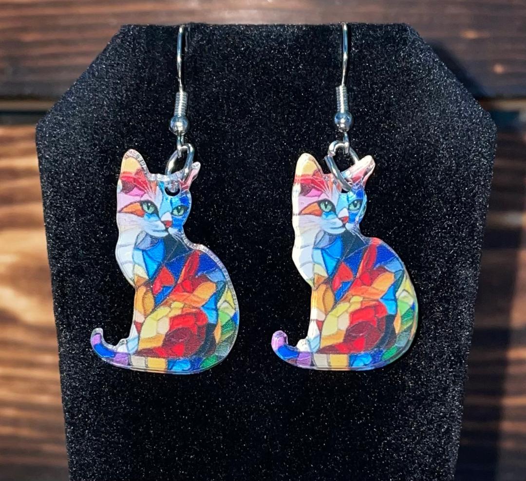 NEW Acrylic Colorful Stained Glass Style Kitten Cat Earrings