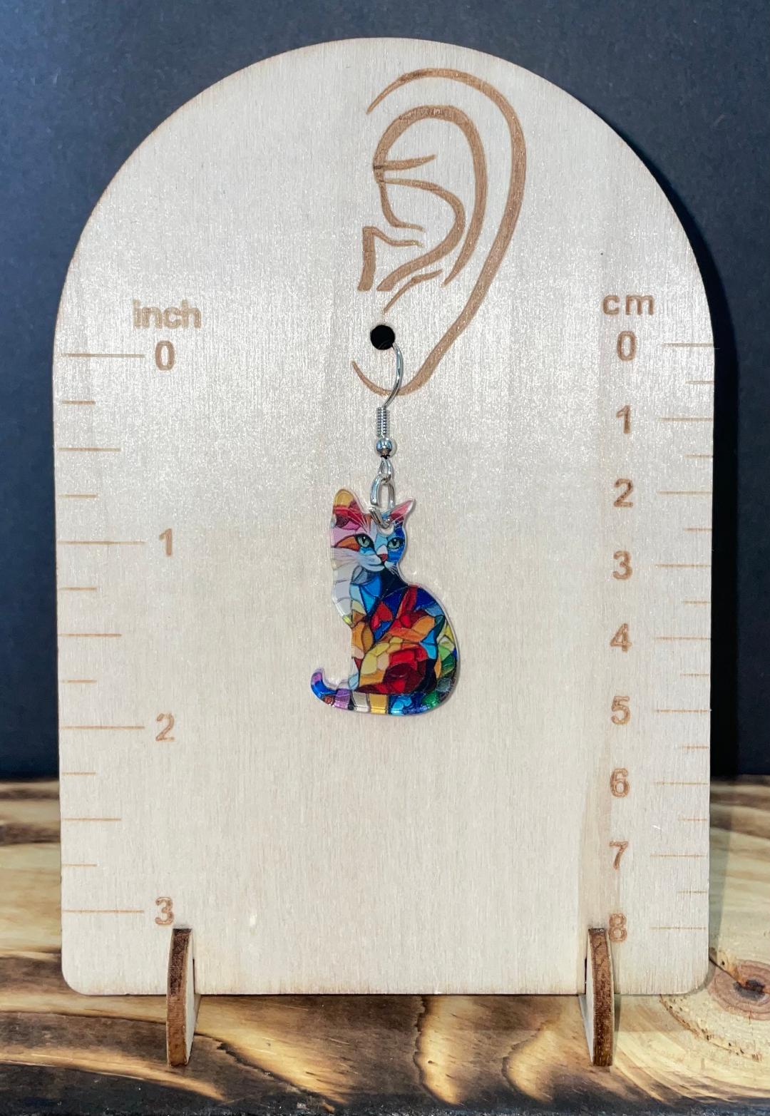 NEW Acrylic Colorful Stained Glass Style Kitten Cat Earrings