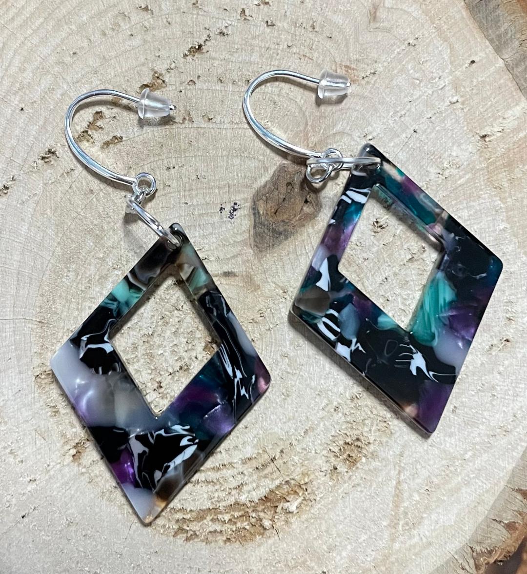 NEW Mosaic Style Green Diamond Shape Geometric Acrylic Earrings