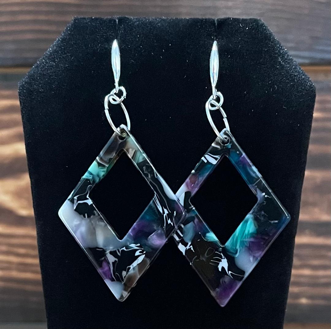NEW Mosaic Style Green Diamond Shape Geometric Acrylic Earrings