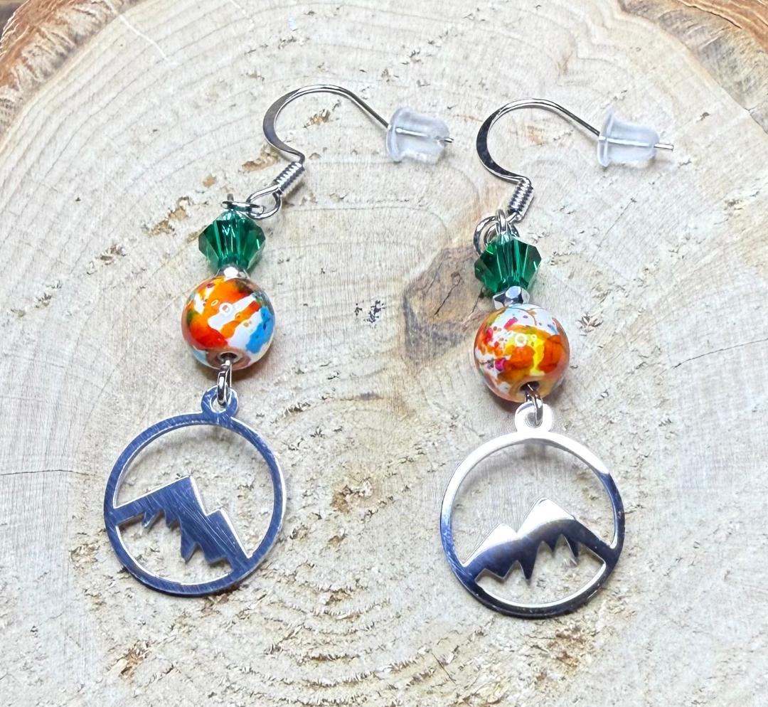 NEW Mountain Charm Earrings w/ Multicolor & Green Glass Beads