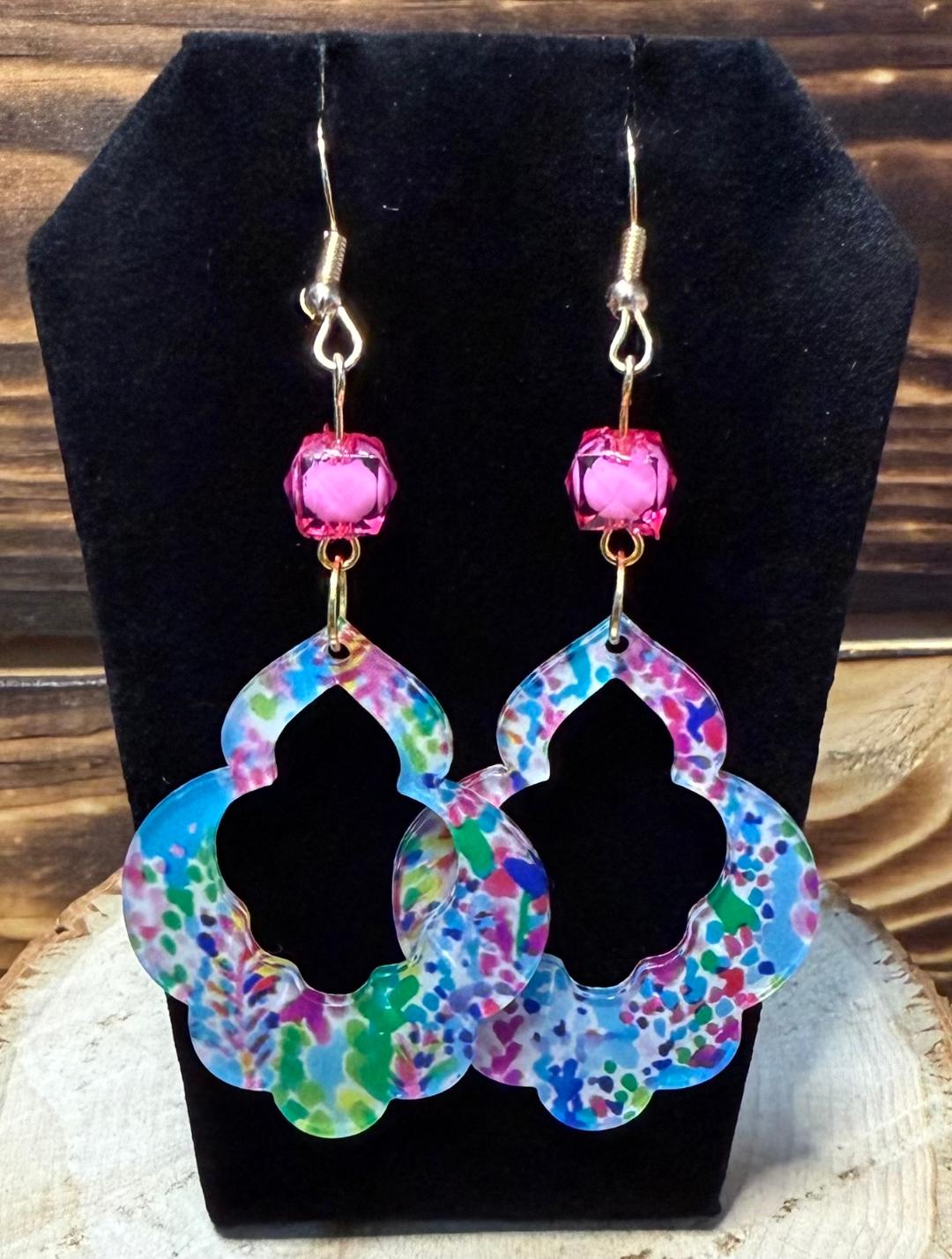 NEW Acrylic Polychrome Geometric Earrings w/ Hot Pink Bead