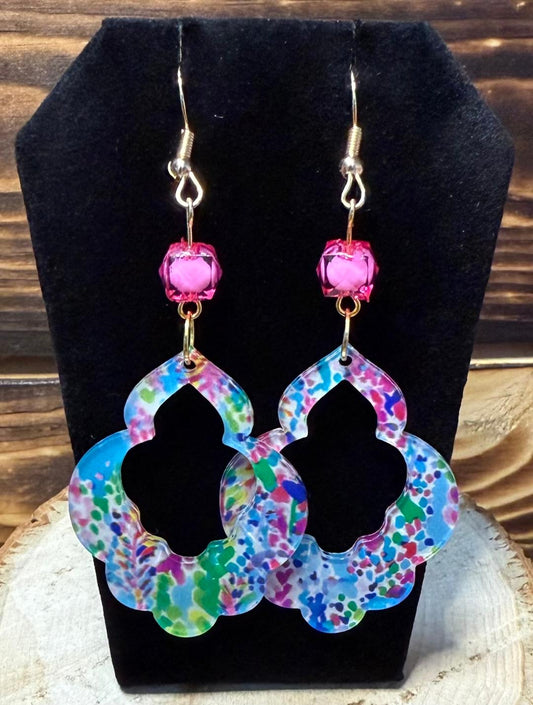 NEW Acrylic Polychrome Geometric Earrings w/ Hot Pink Bead