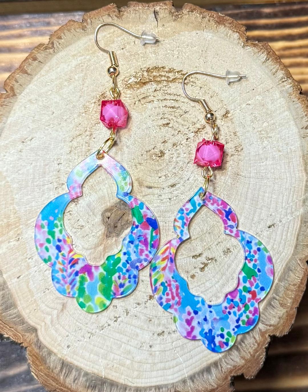 NEW Acrylic Polychrome Geometric Earrings w/ Hot Pink Bead