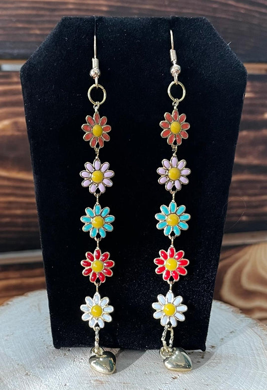 NEW Boho Hippie Daisy Flowers & Heart Dangling Drop Earrings
