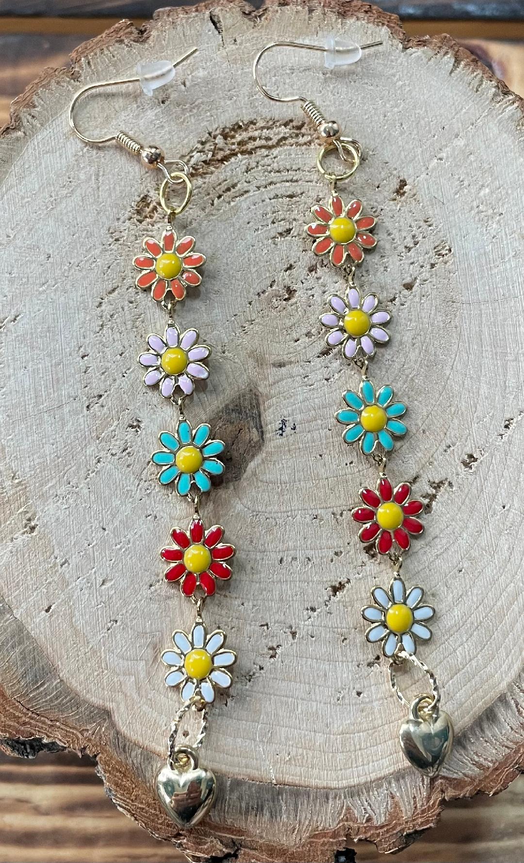 NEW Boho Hippie Daisy Flowers & Heart Dangling Drop Earrings