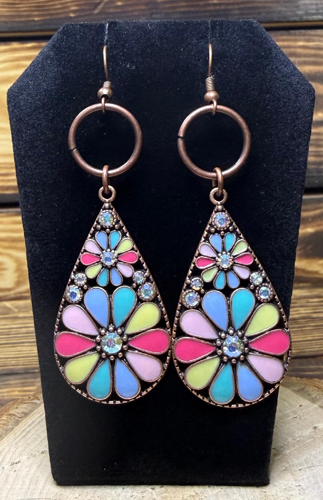 NEW Dramatic Large Multicolor Floral Enamel & Rhinestone Teardrop Earrings