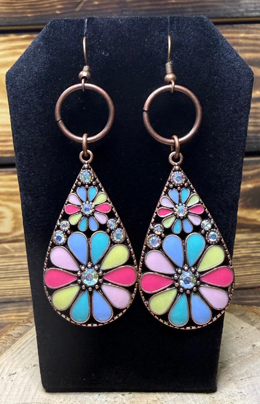 NEW Dramatic Large Multicolor Floral Enamel & Rhinestone Teardrop Earrings