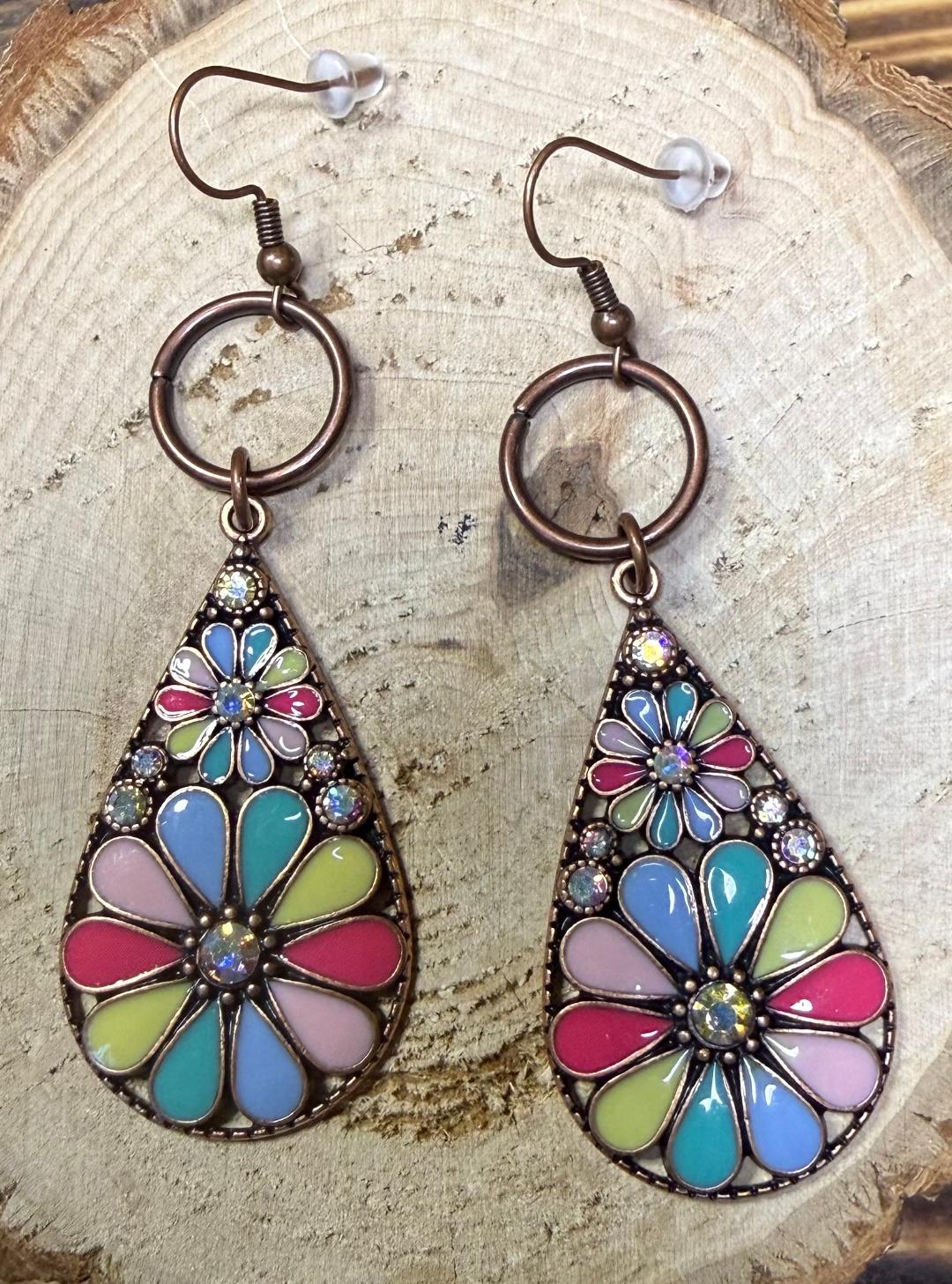 NEW Dramatic Large Multicolor Floral Enamel & Rhinestone Teardrop Earrings