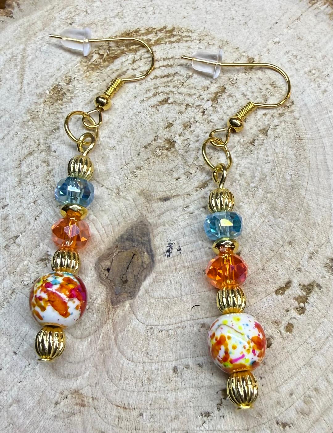 NEW Multicolor Round Bead & Blue, Orange Faceted Glass Bead Earrings