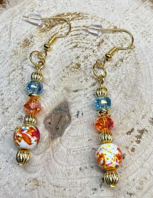 NEW Multicolor Round Bead & Blue, Orange Faceted Glass Bead Earrings