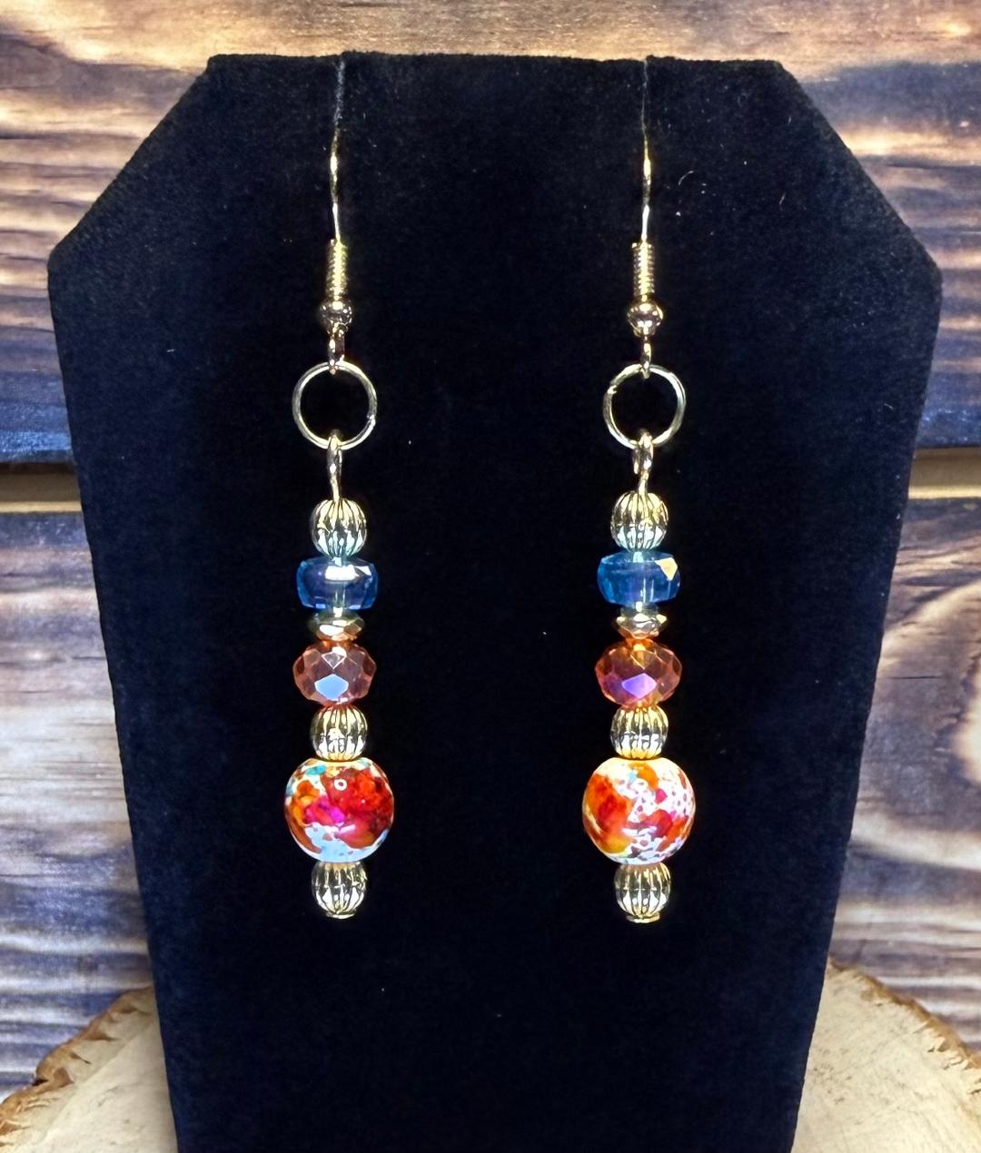 NEW Multicolor Round Bead & Blue, Orange Faceted Glass Bead Earrings