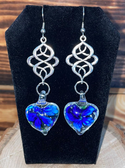 NEW Boho Art Glass Heart w/ Blue Flowers Drop Dangle Earrings