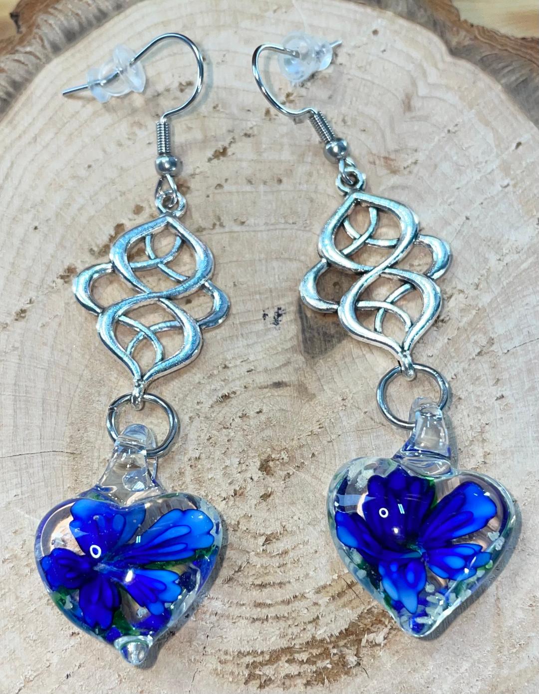 NEW Boho Art Glass Heart w/ Blue Flowers Drop Dangle Earrings