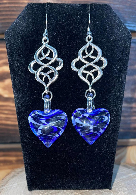 NEW Boho Art Glass Heart w/ Blue Swirl Design Drop Dangle Earrings