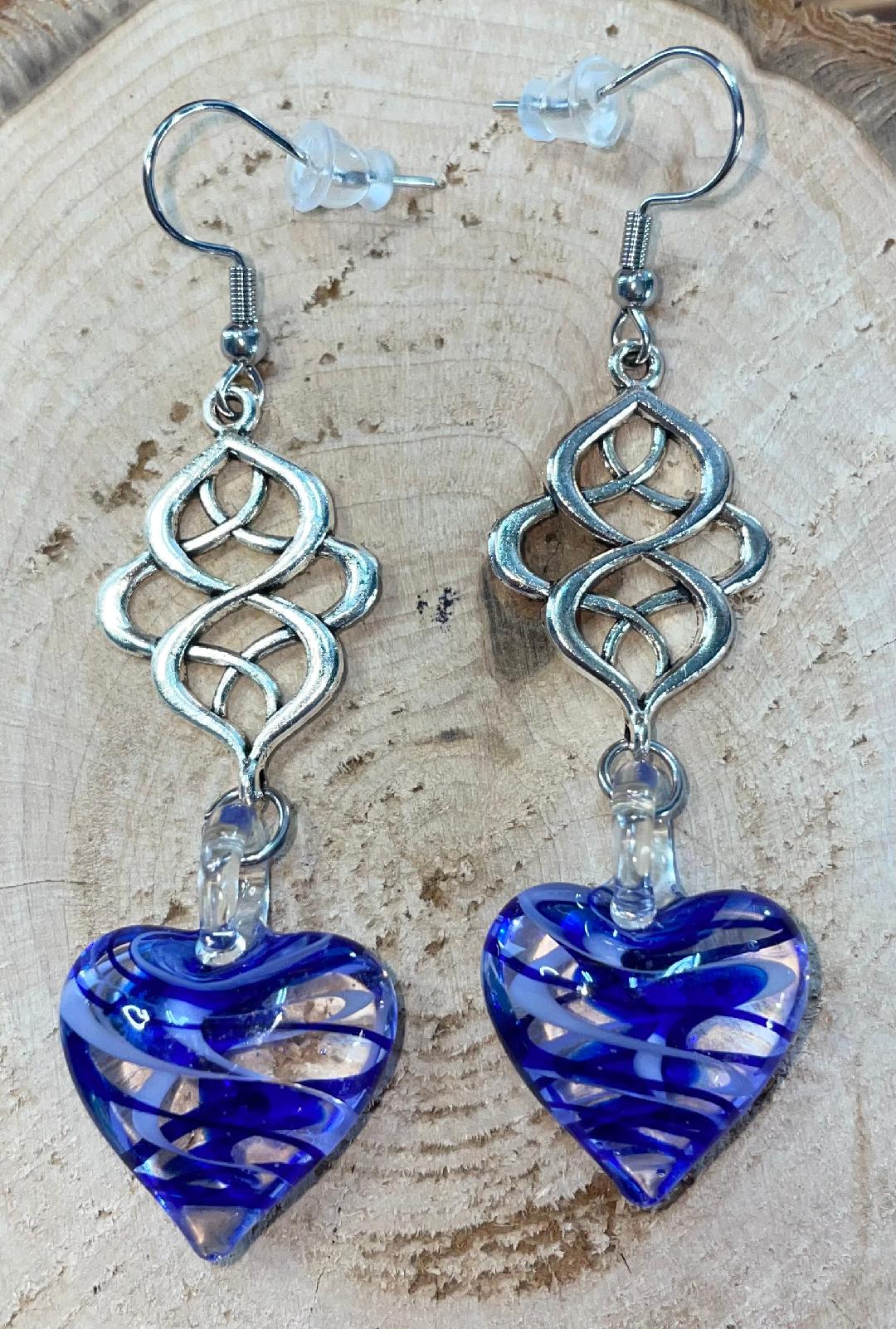 NEW Boho Art Glass Heart w/ Blue Swirl Design Drop Dangle Earrings