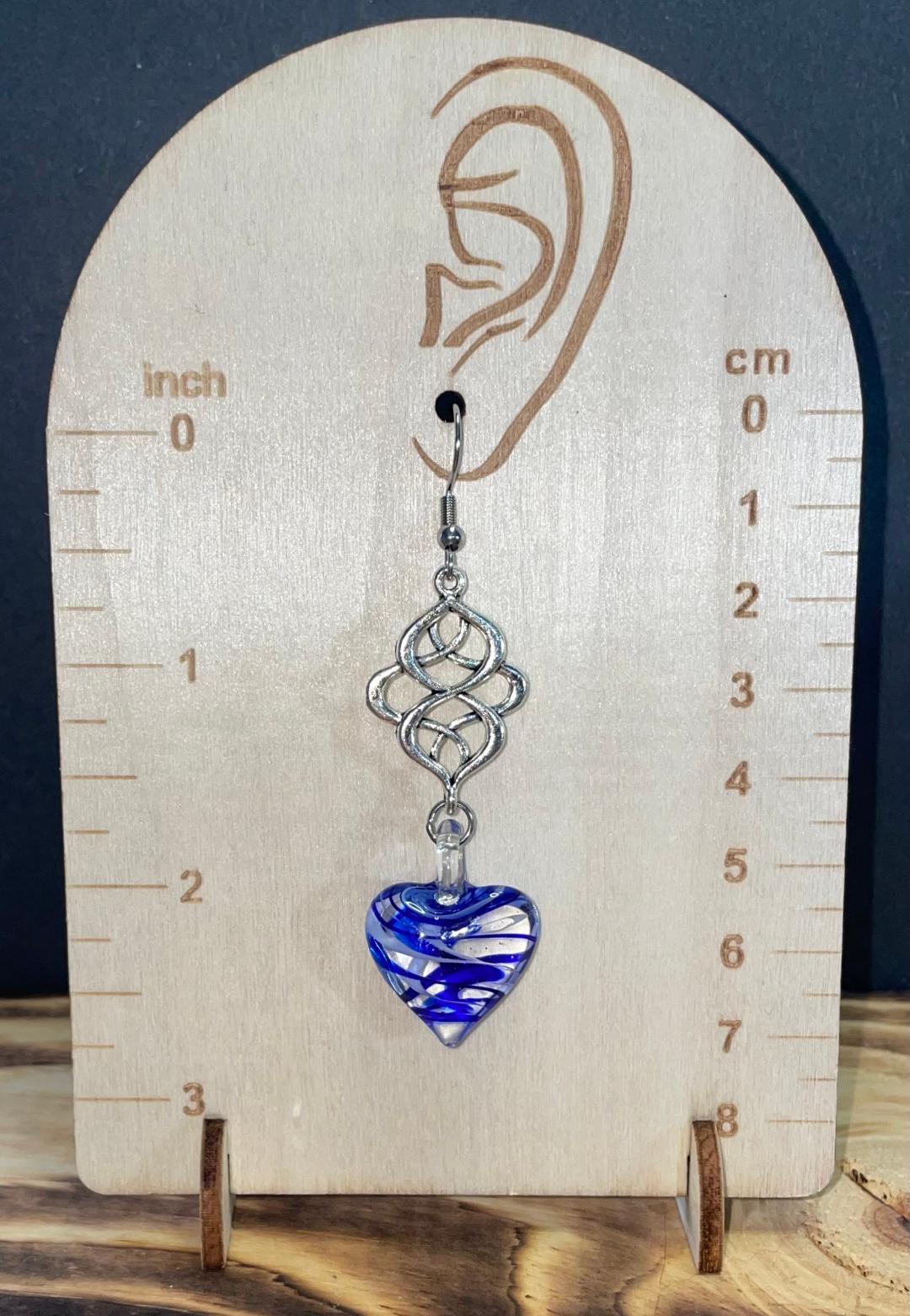 NEW Boho Art Glass Heart w/ Blue Swirl Design Drop Dangle Earrings