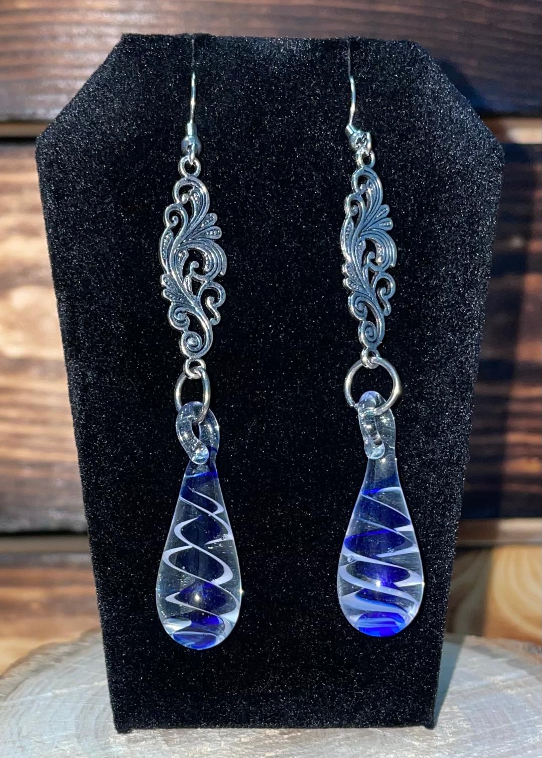 NEW Boho Art Glass Waterdrop / Teardrop Swirl Blue Drop Dangle Earrings