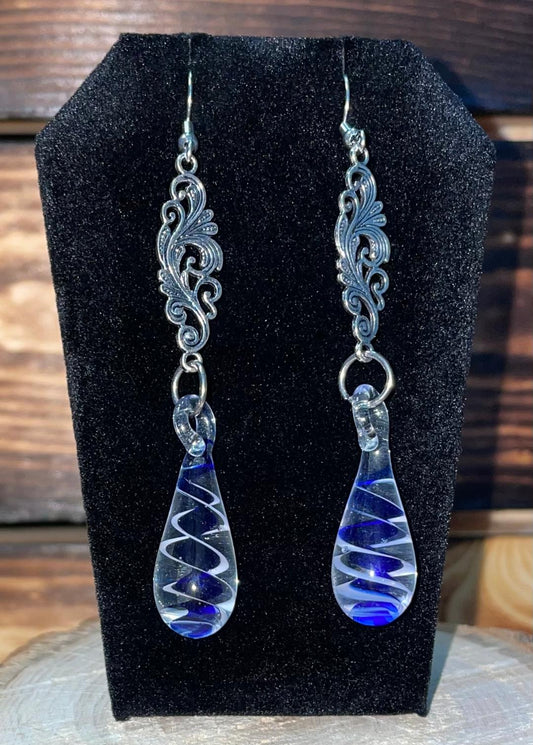 NEW Boho Art Glass Waterdrop / Teardrop Swirl Blue Drop Dangle Earrings